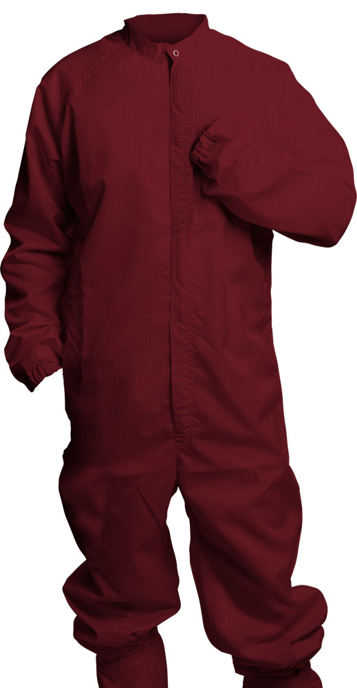 酒紅色連體防靜電工作服正面圖
